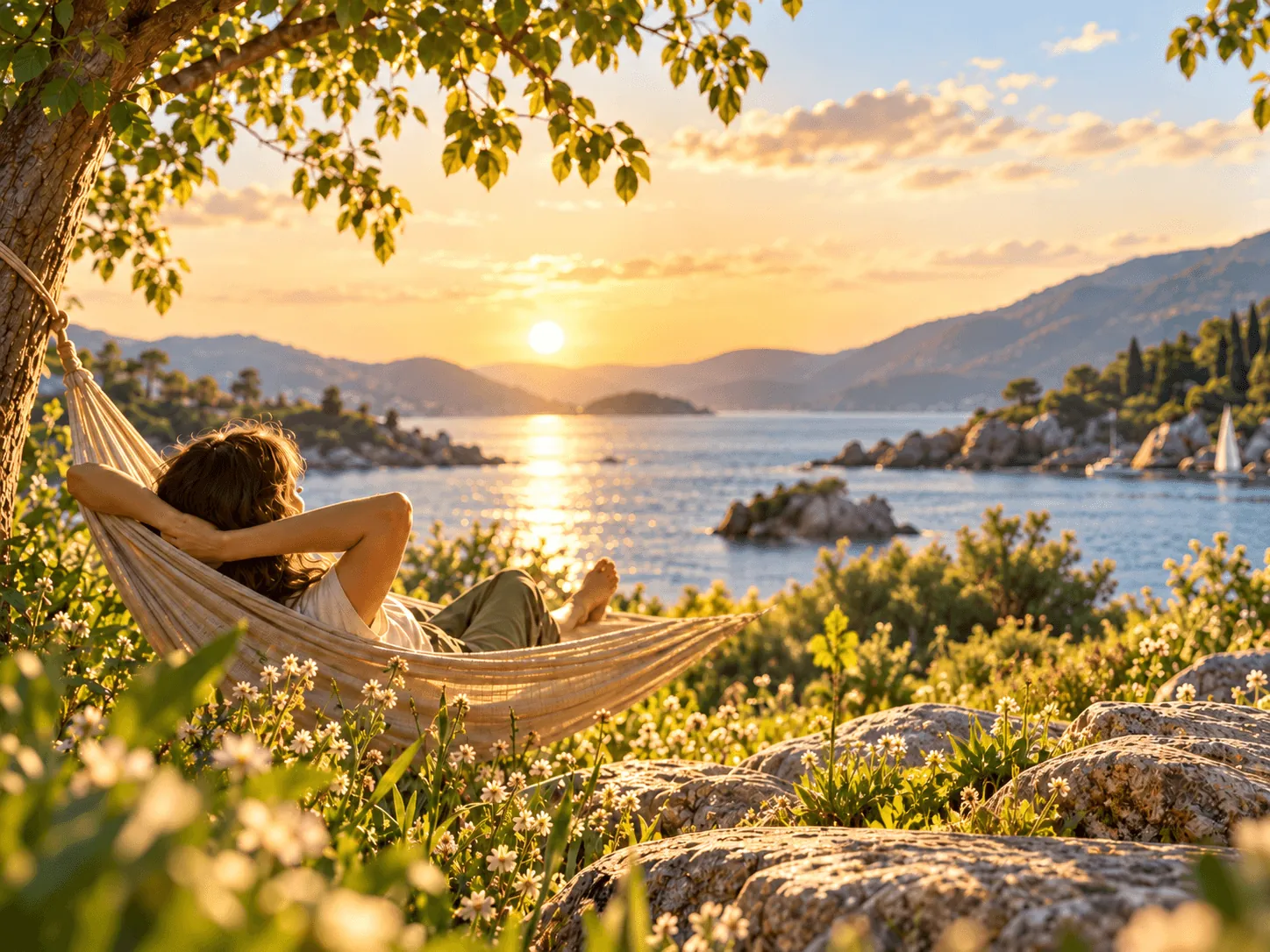 Someone relaxing in a hammock under a tree at sunset, looking out over the sea