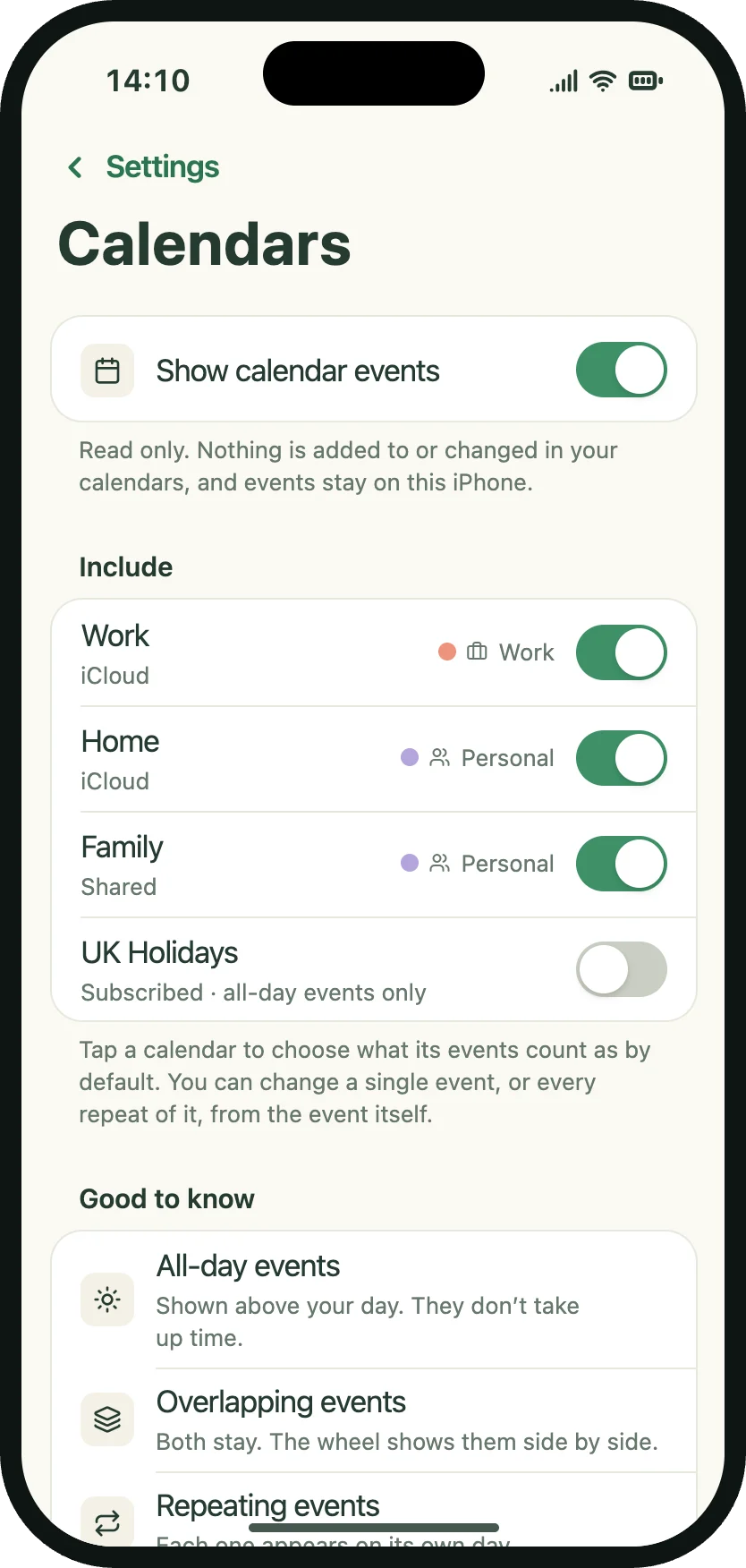 Settings, Calendars: choosing which iPhone calendars to include