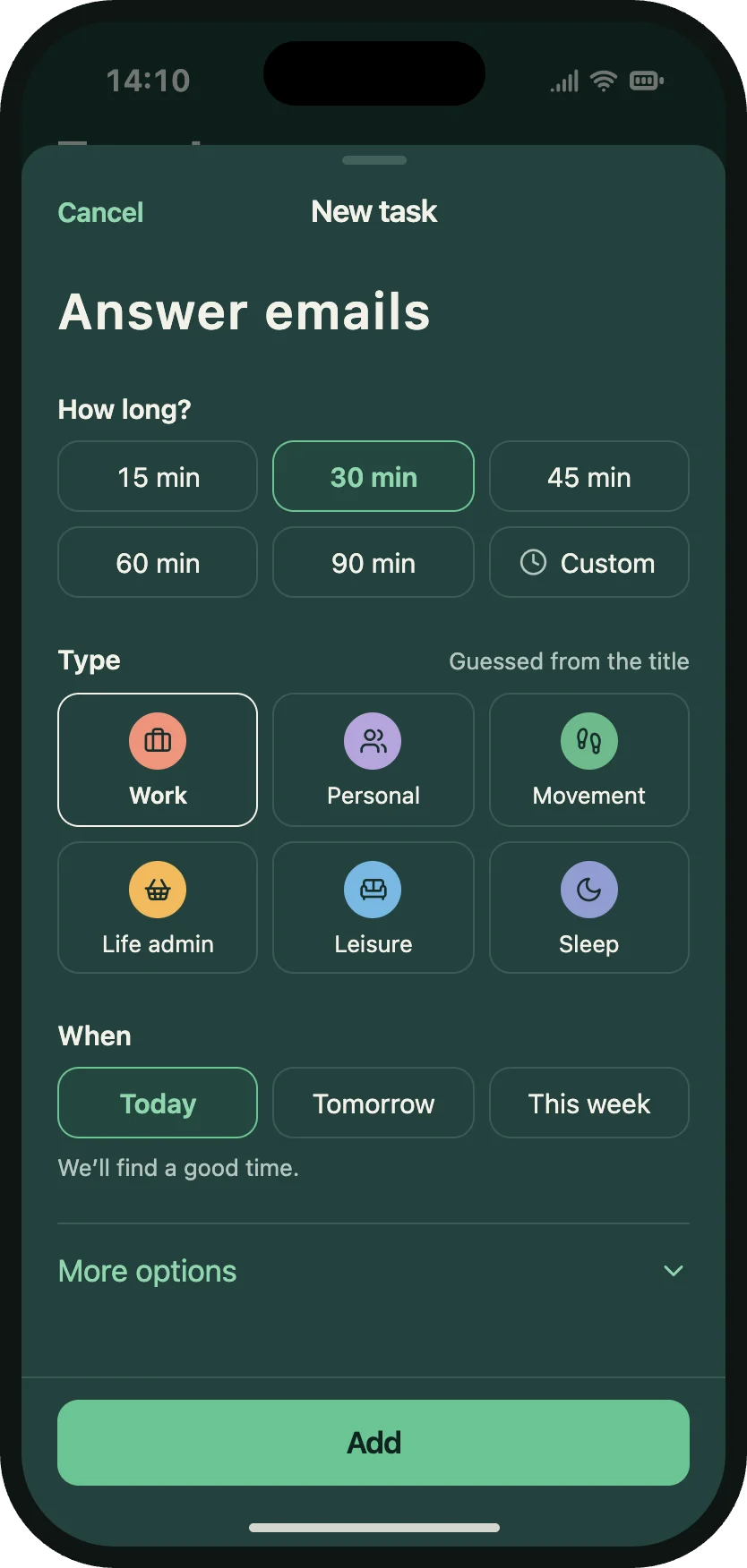 Quick Add in dark appearance: adding Answer emails