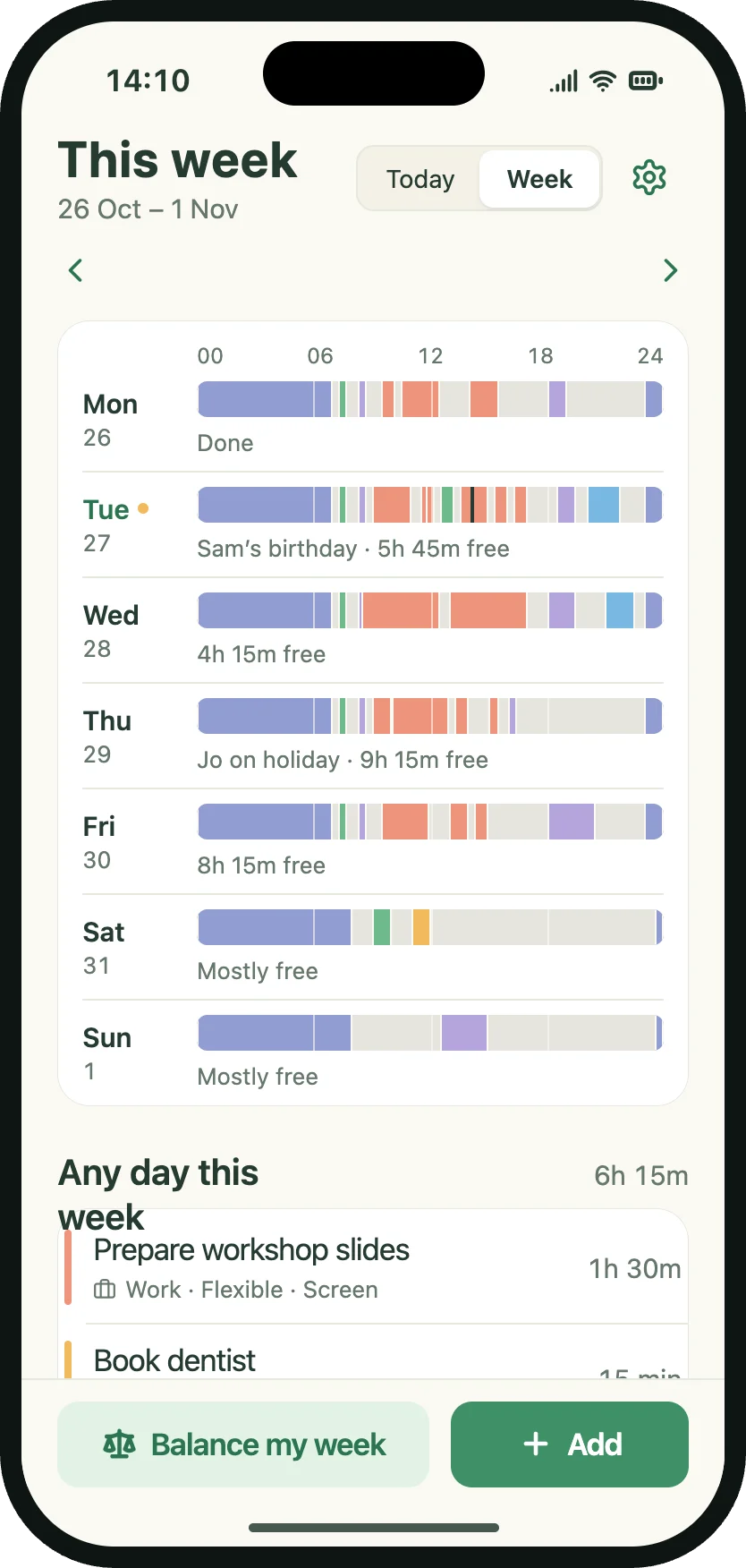 Week: each day of this week shown as a line of activities